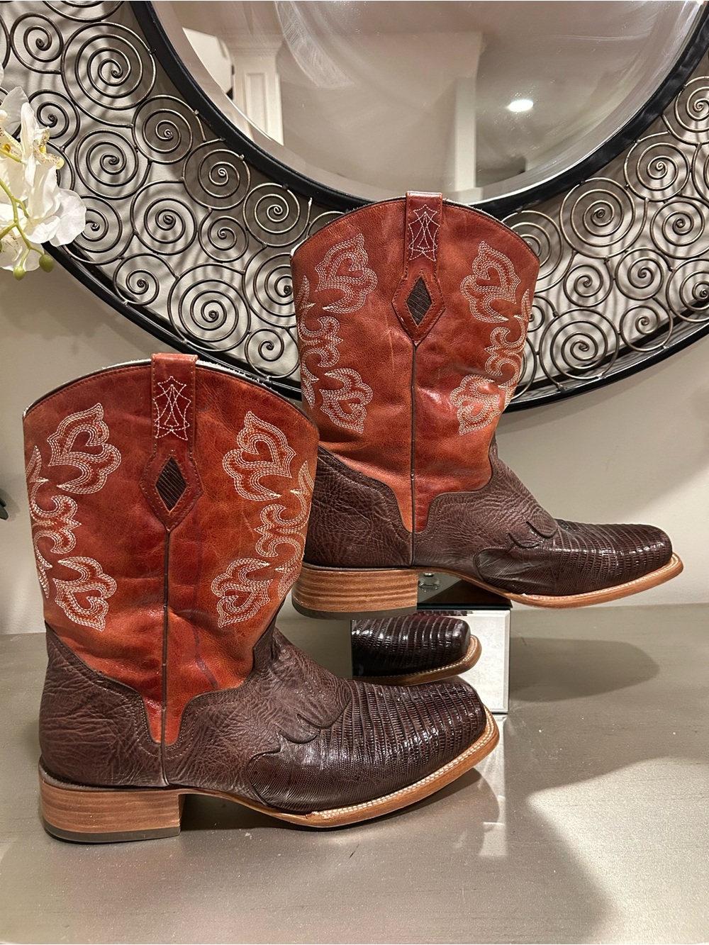 J.B. Dillon Two-Tone Brown and Rust Western Cowboy Boots